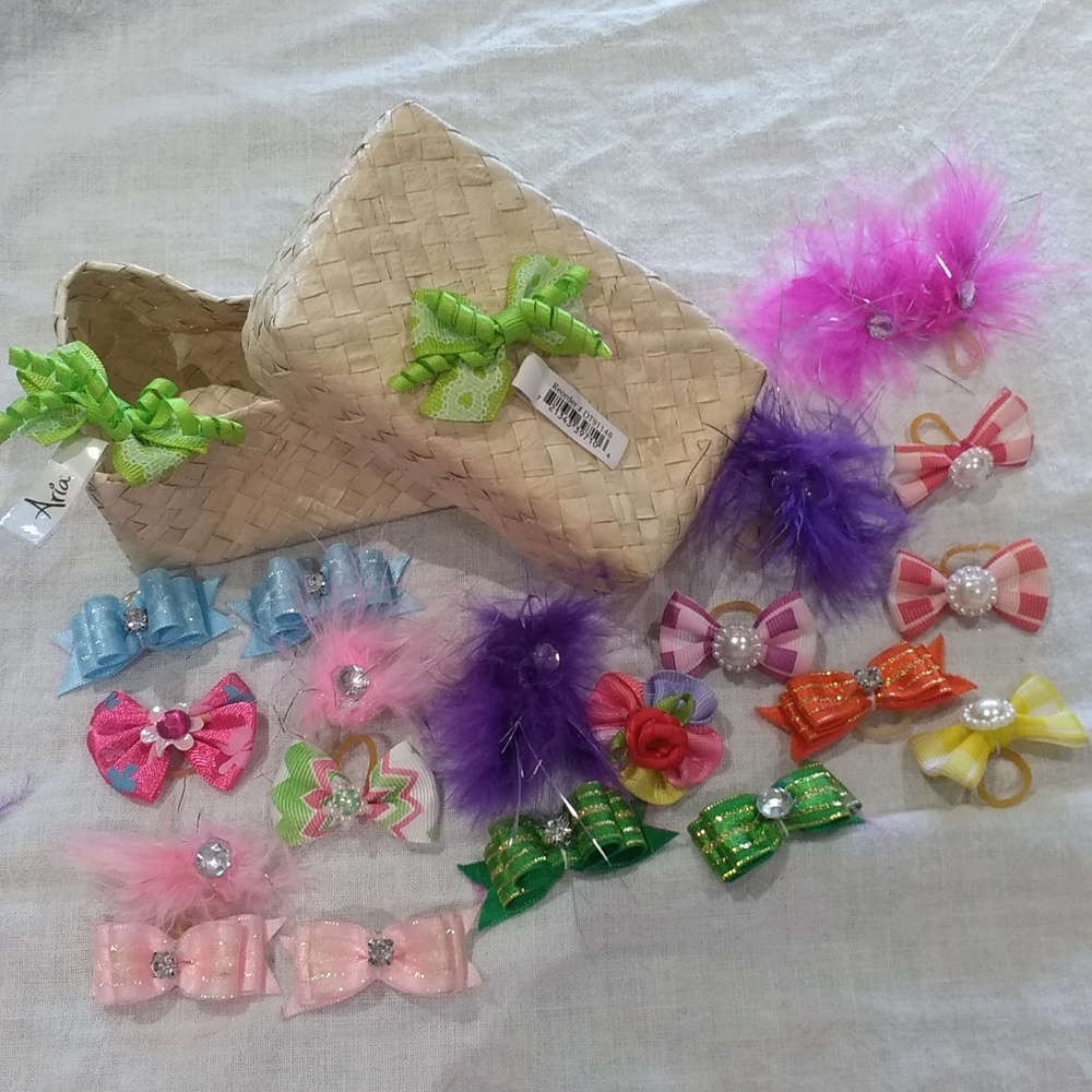 Dog bows rubber band groomer feathers rhinestones filigree 1 - 2 inches